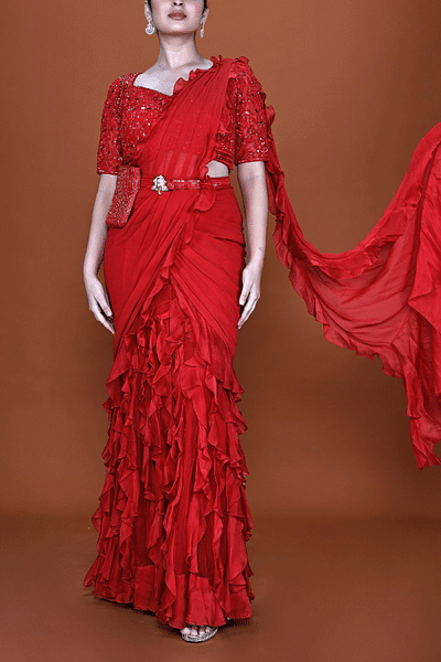 Carmine pre-stitched ruffle sari set