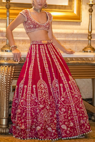 Carmine red embroidered lehenga set