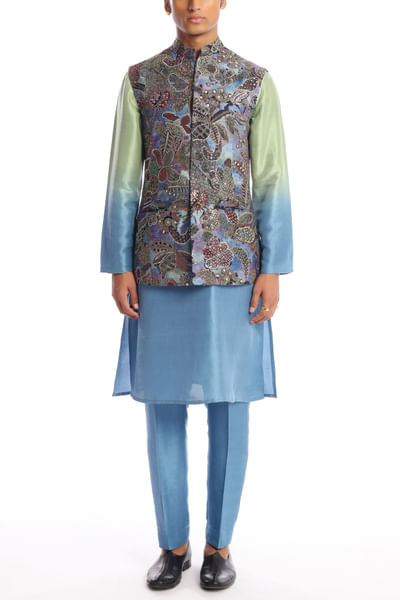 Carolina blue embellished bundi kurta set