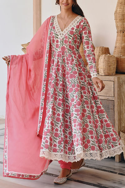 Carrot red floral printed anarkali set