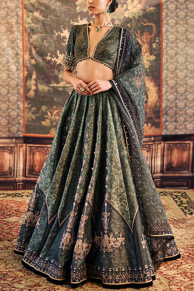 Cedar green chandelier printed lehenga set