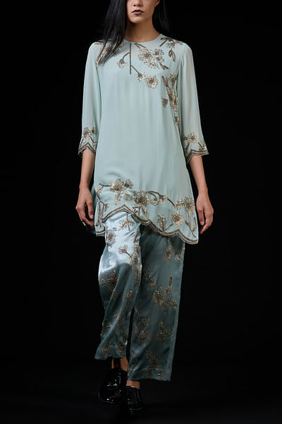 Celadon and gold floral bead work pants