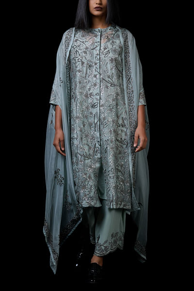 Celadon and silver floral bead work pants