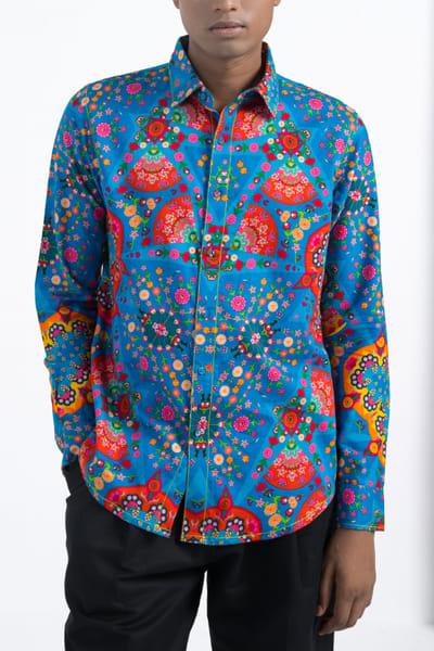 Cerulean blue kaleidoscopic floral printed shirt