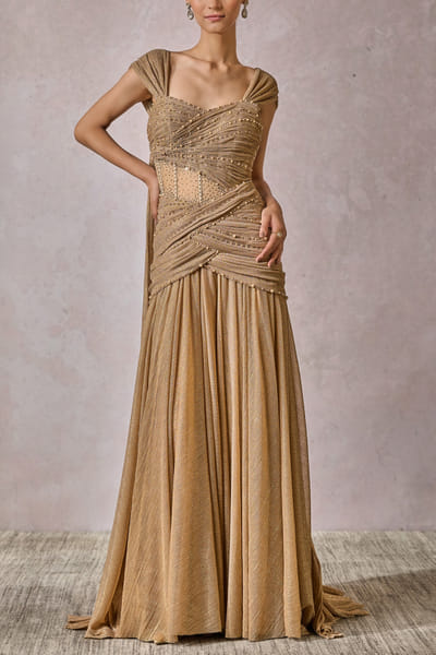 Champagne and gold pearl embellished gown