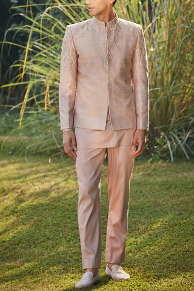 Bohame Champagne embroidered bandhgala set BOHDEC24D11827
