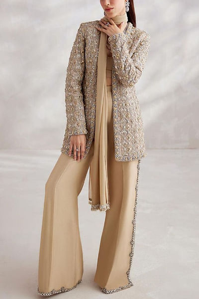 Champagne floral embellished jacket set