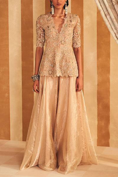 Champagne floral embroidery peplum and sharara