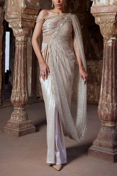 Champagne gold one-shoulder conceptual sari gown