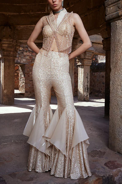 Champagne gold sequin detailed jacket and sharara