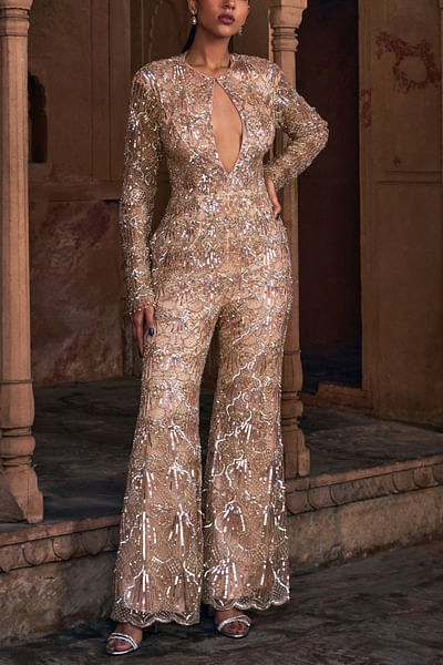 Champagne gold sequin embroidered jumpsuit