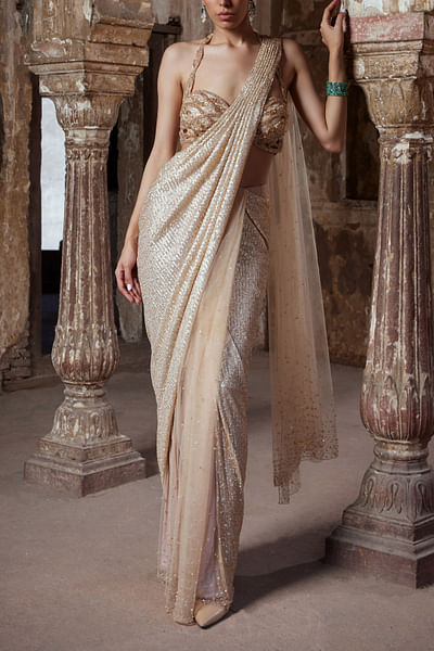 Champagne gold sequined half and half draped sari set