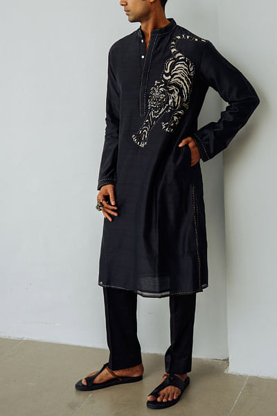 Charcoal black tiger embroidery kurta set