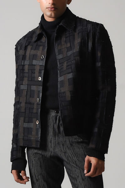 Charcoal checkered woven and frayed jacket
