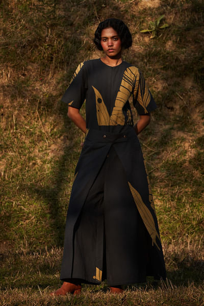 Charcoal grey leaf printed overlap jumpsuit