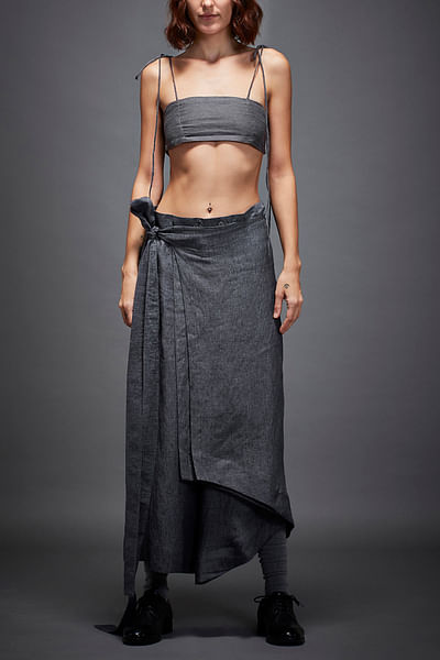 Charcoal grey overlap panel belted trousers
