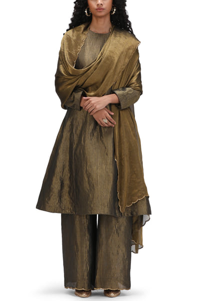 Charcoal munga silk kurta and pants