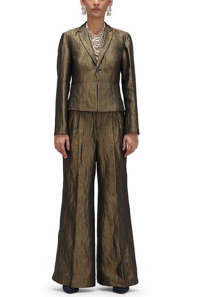 Charcoal munga silk striped blazer set