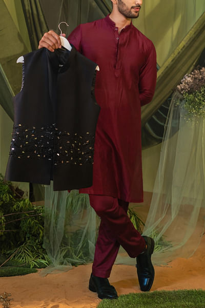 Cherry red chanderi silk kurta set
