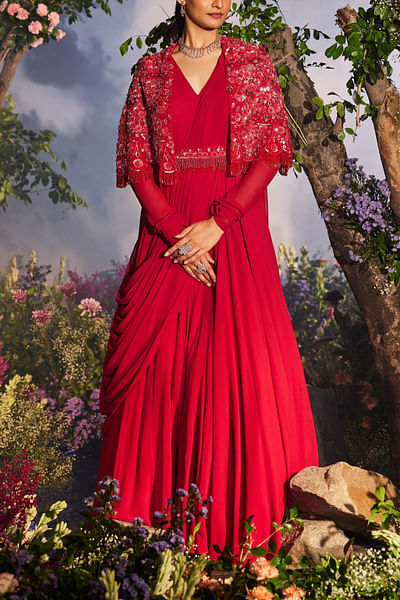 Cherry red drape gown set