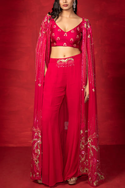 Miku Kumar Cherry red embellished cape set MKUMAY24S112