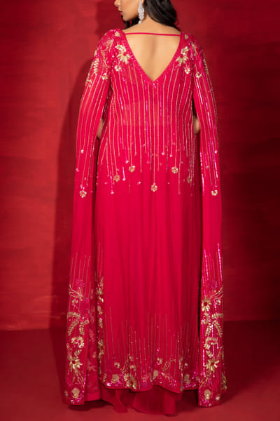 Miku Kumar Cherry red embellished cape set MKUMAY24S112