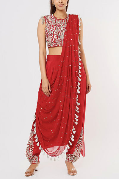 Cherry red embroidered pant sari set