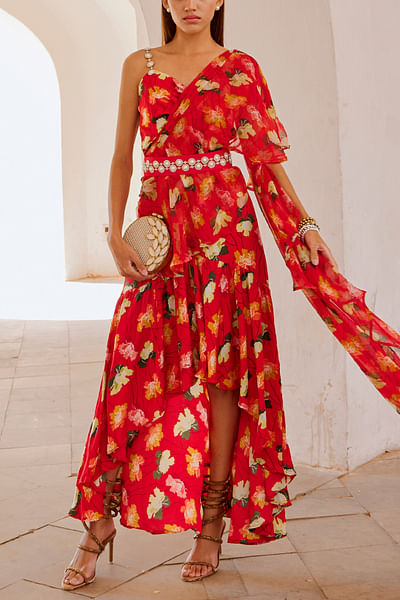 Chilly red poppy plant print gown sari set
