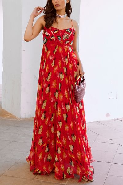 Chilly red poppy plant printed corset maxi