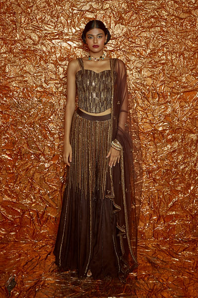 Chocolate brown hand embroidered sharara set