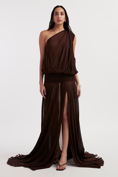 Chocolate brown one-shoulder gown
