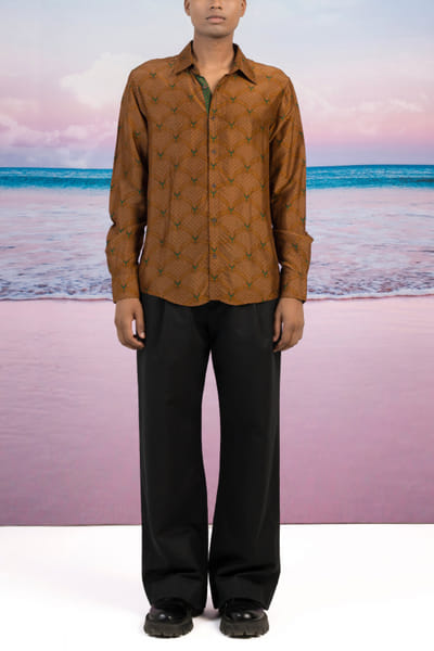 Cinnamon brown scallop and floral printed shirt