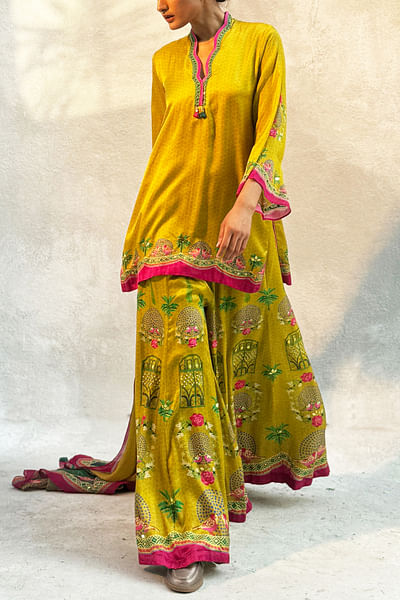 Citrine yellow bird printed sharara set