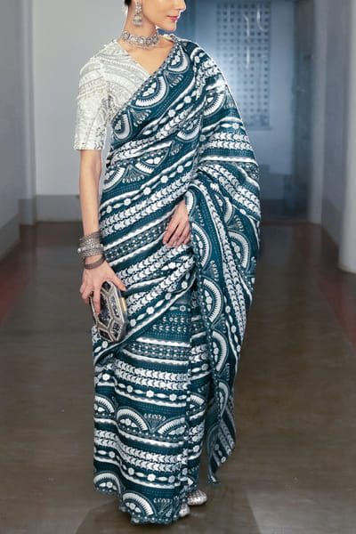 Cobalt blue embroidered sari set