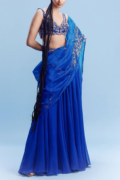 Cobalt blue floral embroidered lehenga set