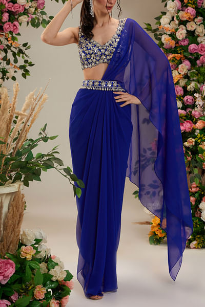 Cobalt blue pre-draped sari set