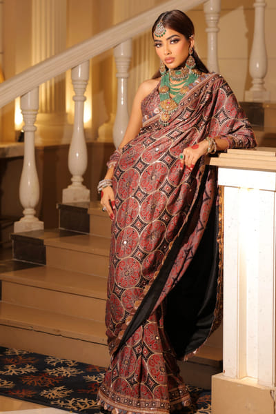 Coffee brown ajrakh printed sari set