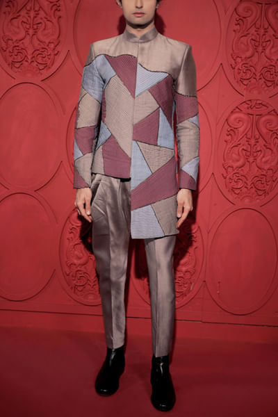 Grey embroidered pintuck bandhgala set