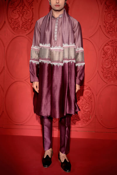 Lavender color-block embroidered kurta set