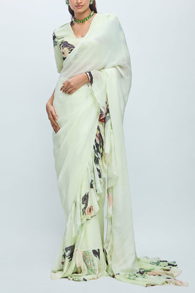 Cool matcha artsy printed ruffled sari set