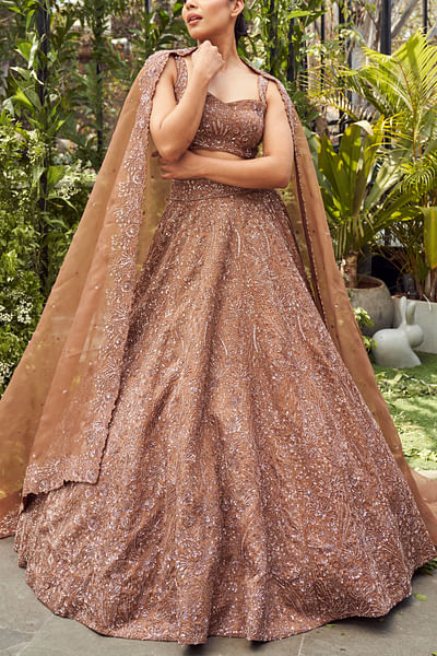 Copper brown floral embroidered lehenga set
