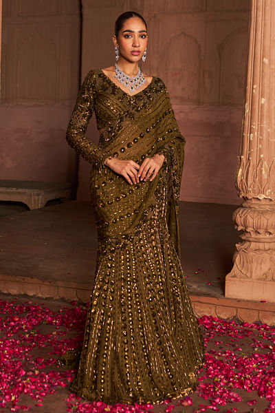 Copper green sequinned lehenga sari set