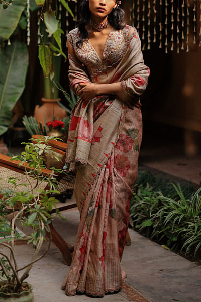 Copper kalamkari hand painted sari set