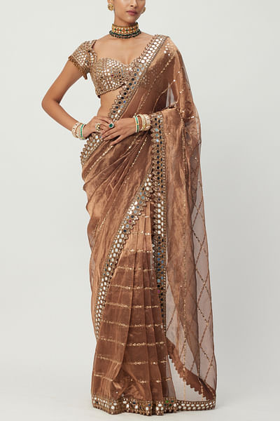 Copper mirror embroidered sari set