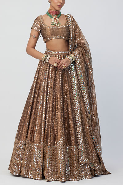 Copper mirror embroidery lehenga set