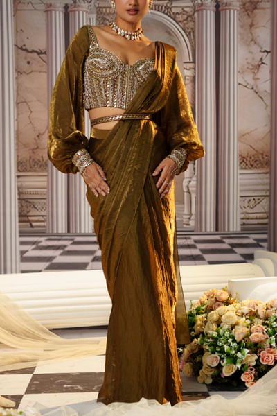 Copper pre-draped sari set