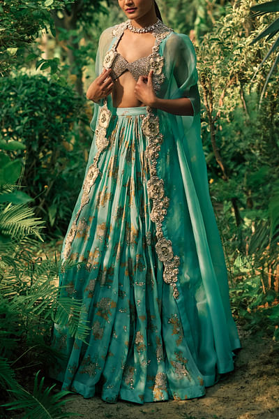Coral blue floral embroiderd cape set