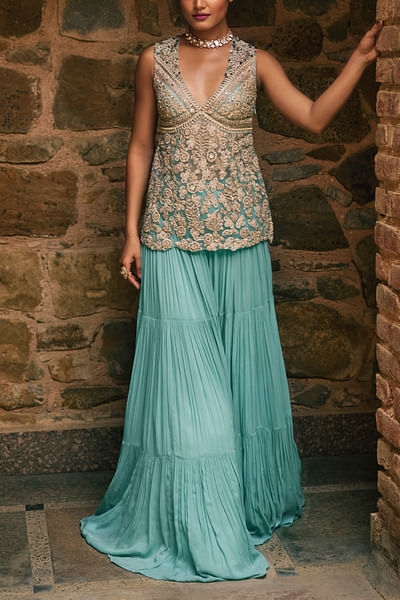 Coral blue gathered skirt set