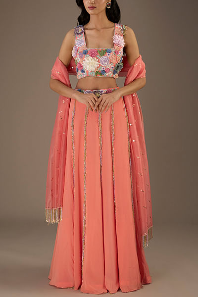 Coral embroidered lehenga set