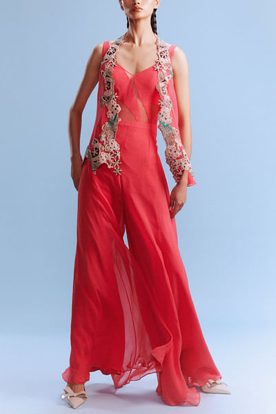 Coral embroidered shrug and jumpsuit